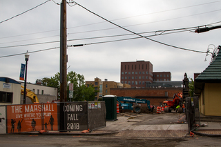 Construction continues at the South Crouse Avenue lot after the building that housed Hungry Chuck's was torn down to make way for an eight-story multiuse complex. Photo taken July 5, 2017